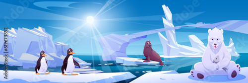 Bear on iceberg near penguin and seal arctic landscape. Frozen ice in winter with animal background. Cold icy ocean water near frost mountain fantasy game scene cartoon illustration of sunny day.