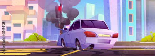 Car crash red traffic light pole on city street vector cartoon illustration. Auto drive speed and accidental damage on highway with bumper on pillar. Smoke and broke front automobile need repair