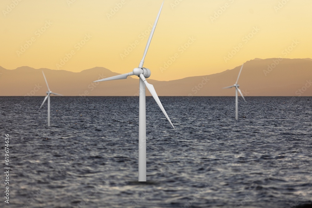 Wind turbine farm sea-field clean energy.
