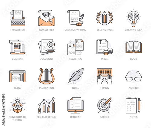 Copywriting flat line icons set. Writer typing text, social media content, e-mail newsletter, creative idea, typewriter vector illustrations. Writing thin signs. Orange Color. Editable Strokes