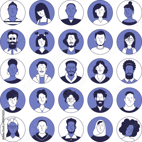 A set of portraits of various people of different sexes and races. Icons of users of social networks.