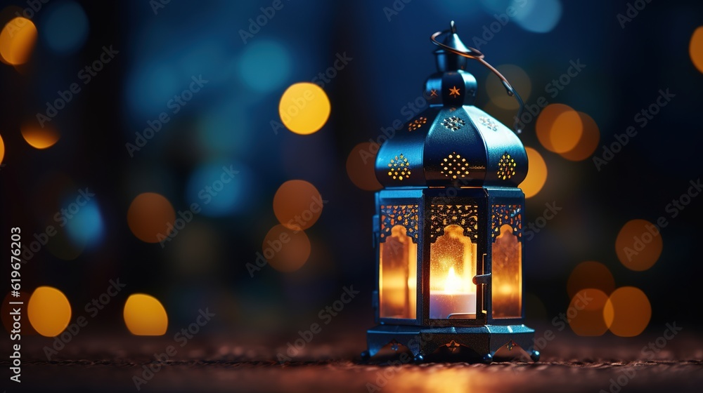Ornamental Arabic lantern with burning candle glowing at night and glittering golden bokeh lights. Festive greeting card. with generative ai