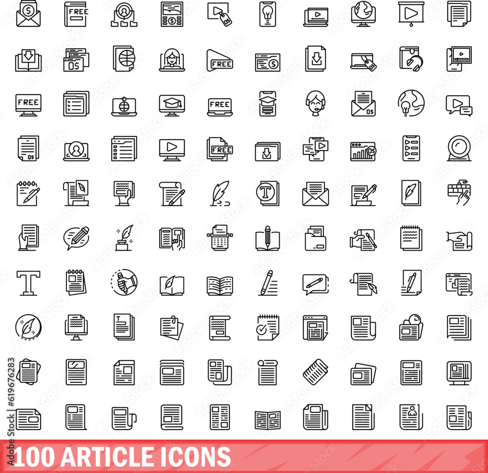100 article icons set. Outline illustration of 100 article icons vector set isolated on white background 100 article icons set. Outline illustration of 100 article icons vector set isolated on white background
