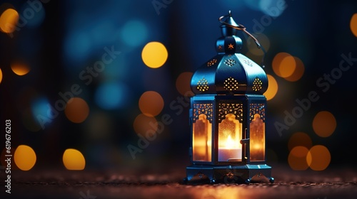 Ornamental Arabic lantern with burning candle glowing at night and glittering golden bokeh lights. Festive greeting card. with generative ai © WS Studio 1985