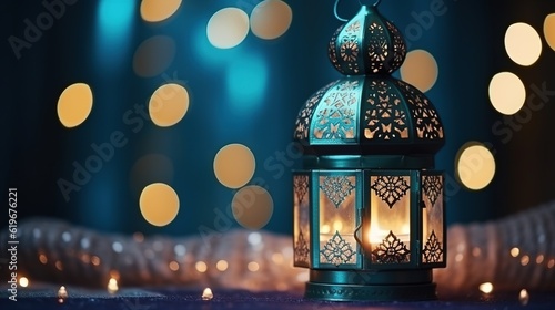 Ornamental Arabic lantern with flickering candle and sparkling golden bokeh lights at night. Greeting card for the holidays. with generative ai