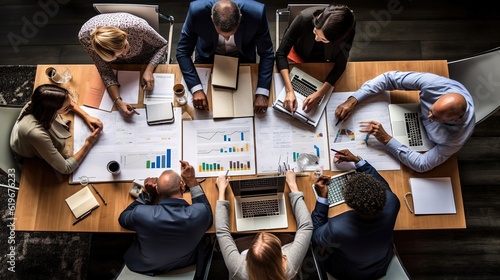 Business people group meeting shot from top view in office . Professional businesswoman, businessman and office workers working in team conference with project planning document. with generative ai photo