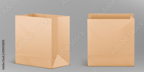 Brown paper lunch bag for food vector mockup icon. Isolated 3d kraft box pack for school snack or meal takeaway. Realistic craft cardboard packaging texture for shop or supermarket business graphic
