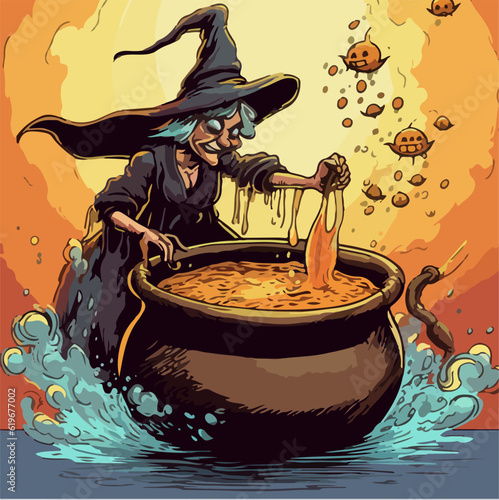 old women witch brews a potion in the cauldron poster