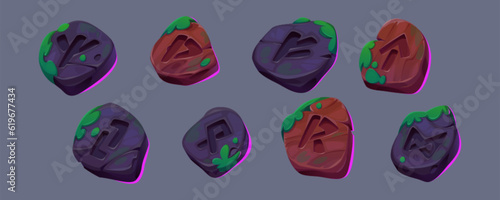 UI game set with magic rune stones. Ancient nordic runic symbols on rock and wooden items with moss. Old fantasy stones with esoteric signs, vector cartoon illustration