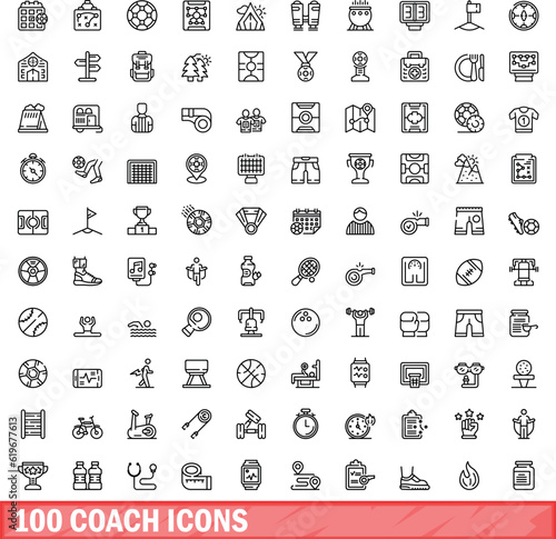 100 coach icons set. Outline illustration of 100 coach icons vector set isolated on white background