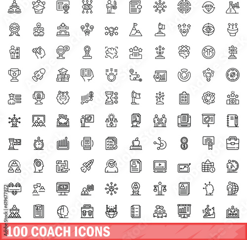 100 coach icons set. Outline illustration of 100 coach icons vector set isolated on white background