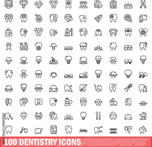 100 dentistry icons set. Outline illustration of 100 dentistry icons vector set isolated on white background