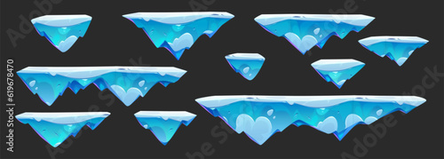 Flying ice jump game island vector illustration. Frozen floating platform landscape for ui arcade 2d videogame isolated texture set. Empty virtual location with snow kit for fantasy world screen