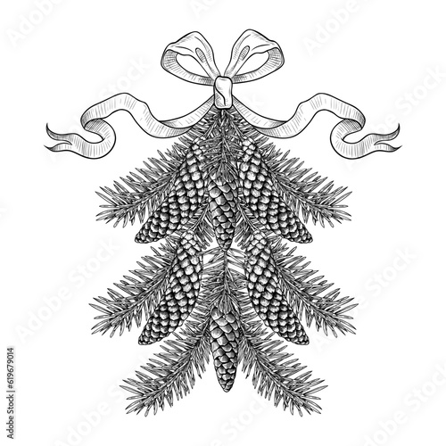 .Festive vintage decoration from spruce branches and cones. Vector design element for winter holidays. .