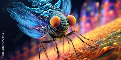 An Amazing Electron Microscope Background View of a Psychedelic Mosquito - Showcasing Stunning Wings with Abstract Designs in a Concept Art Display Wallpaper created with Generative AI Technology © Sentoriak
