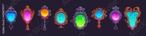 Cartoon set of magic mirrors isolated on background. Vector illustration of vintage glass accessory in wooden, stone, iron retro frames with elegant decoration. Fortunetelling portal, game asset