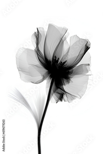 Abstract minimalistic black flower with transparent detailsin x-ray style on white background.