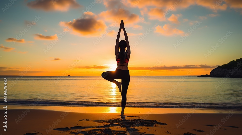 Yoga on the beach at sunset with generative ai