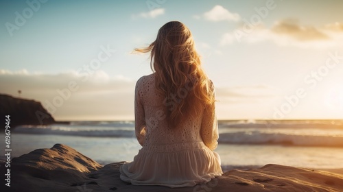 woman on the beach at sunset with generative ai