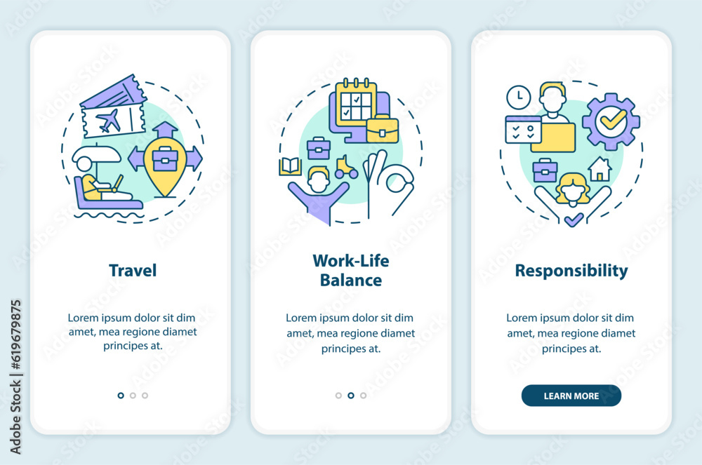 Digital nomad lifestyle onboarding mobile app screen. Distance work walkthrough 3 steps editable graphic instructions with linear concepts. UI, UX, GUI template. Myriad Pro-Bold, Regular fonts used Digital nomad lifestyle onboarding mobile app screen. Distance work walkthrough 3 steps editable graphic instructions with linear concepts. UI, UX, GUI template. Myriad Pro-Bold, Regular fonts used