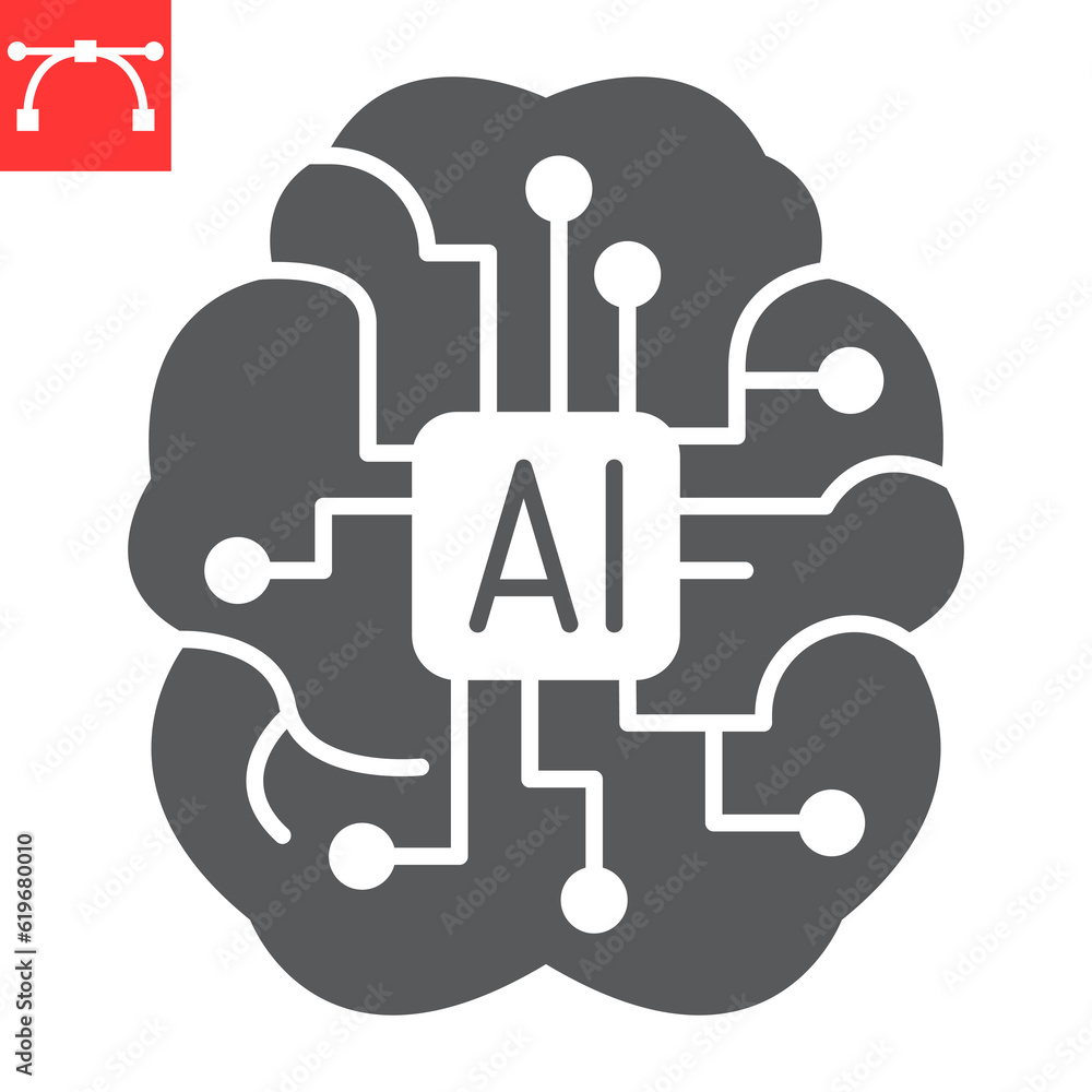 AI brain glyph icon, technology and artificial intelligence, human brain with microchip vector icon, vector graphics, editable stroke solid sign, eps 10.
