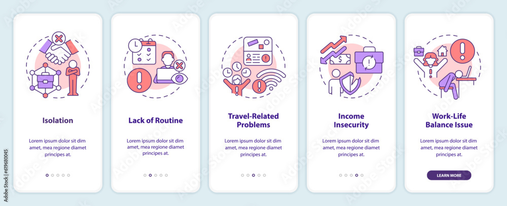 Being digital nomad cons onboarding mobile app screen. Self employed walkthrough 5 steps editable graphic instructions with linear concepts. UI, UX, GUI template. Myriad Pro-Bold, Regular fonts used