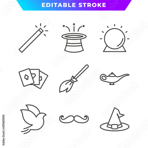Set of Magic Outline Icon. Card, Wand, Hat, Dove, Broom, Mustache, and More. Editable Stroke. Vector Eps 10