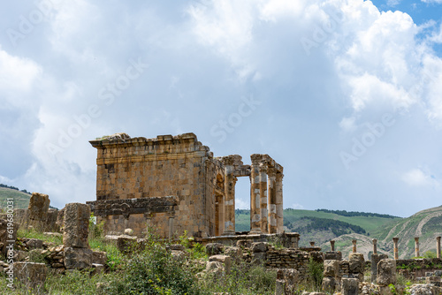 Roman temple against the sky in the ancient town of Cuicul. Djemila, Setif, Algeria