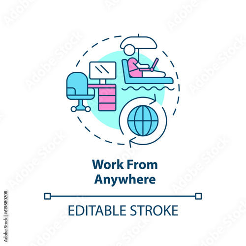Work from anywhere concept icon. Flexible work. Internet connectivity. Professional freelancer. Remote worker abstract idea thin line illustration. Isolated outline drawing. Editable stroke