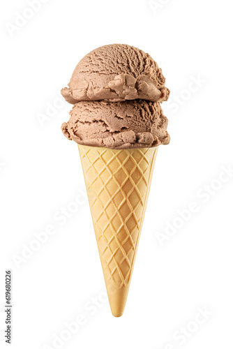Two chocolate brown ice cream scoops served on a waffle cone isolated. Transparent PNG image.