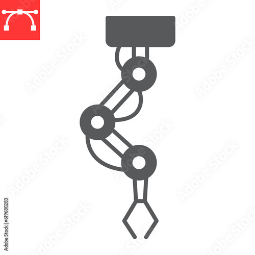Articulated robot glyph icon, technology and artificial intelligence, robotic arm vector icon, vector graphics, editable stroke solid sign, eps 10.
