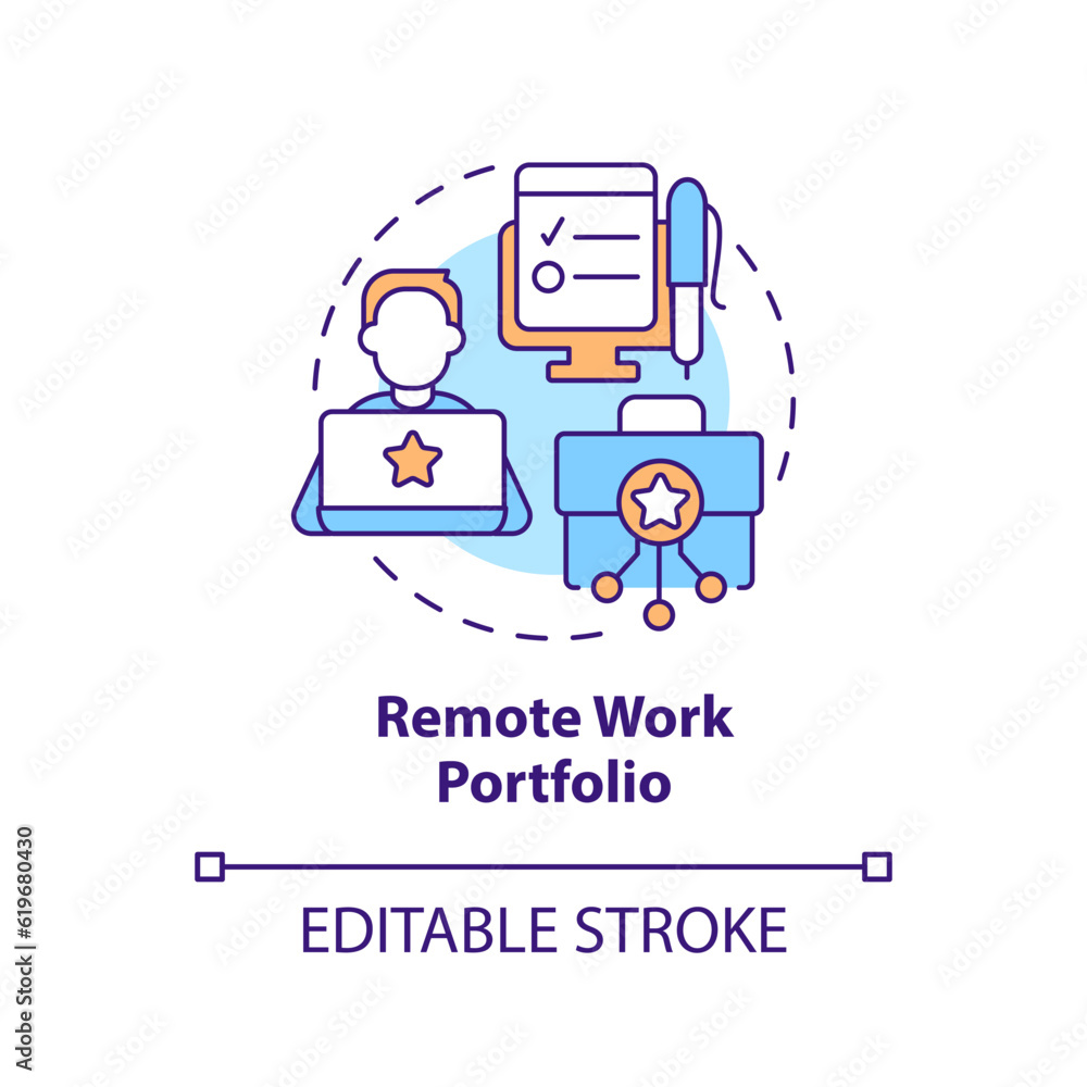 Remote work portfolio concept icon. Job application. Independent contractor. Professional freelancer. Work and travel abstract idea thin line illustration. Isolated outline drawing. Editable stroke Remote work portfolio concept icon. Job application. Independent contractor. Professional freelancer. Work and travel abstract idea thin line illustration. Isolated outline drawing. Editable stroke
