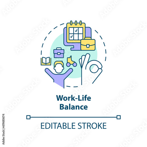 Work life balance concept icon. Take break. Avoid burnout. Time management. Flexible work. Mental health support abstract idea thin line illustration. Isolated outline drawing. Editable stroke