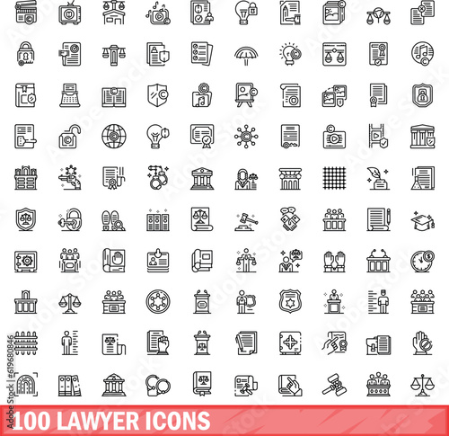 100 lawyer icons set. Outline illustration of 100 lawyer icons vector set isolated on white background