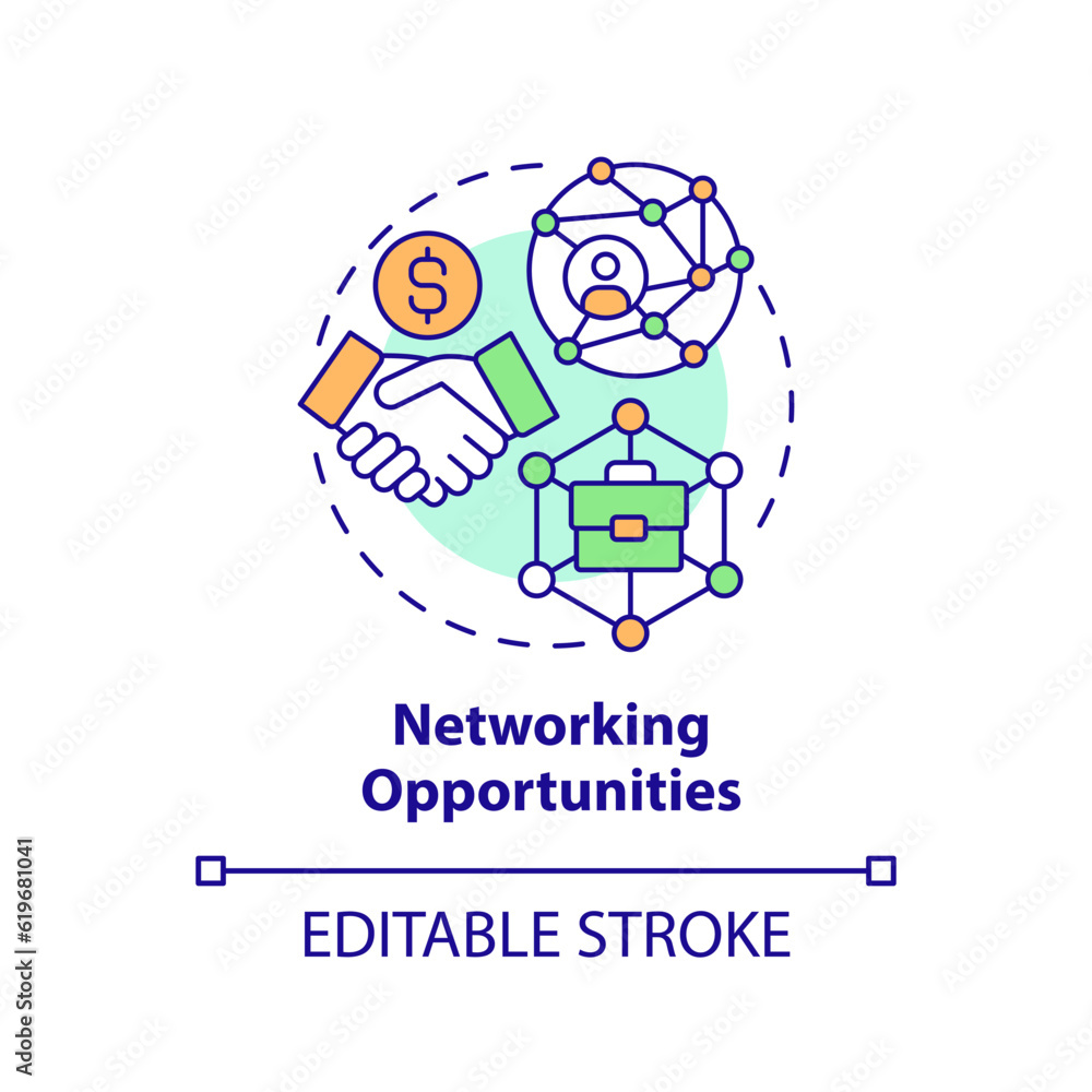 Networking opportunities concept icon. Professional connection. Knowledge sharing. Remote job. Business collaboration abstract idea thin line illustration. Isolated outline drawing. Editable stroke