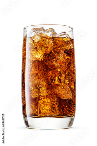 Cola soft drink in a transparent glass with ice cubes Isolated. Transparent PNG image.