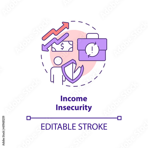 Income insecurity concept icon. Delayed payment. Economic crisis. Freelance work. Self employed. Financial risk abstract idea thin line illustration. Isolated outline drawing. Editable stroke
