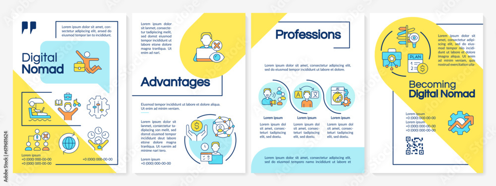 Digital nomad blue and yellow brochure template. Work from anywhere. Leaflet design with linear icons. Editable 4 vector layouts for presentation, annual reports. Questrial, Lato-Regular fonts used