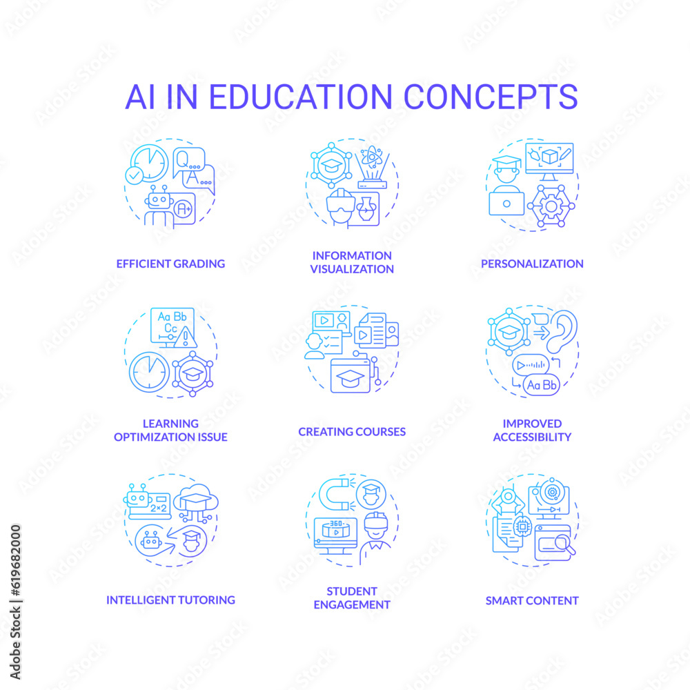 Set of 2D thin line gradient icons representing AI in education concepts, pack of isolated vector illustrations.