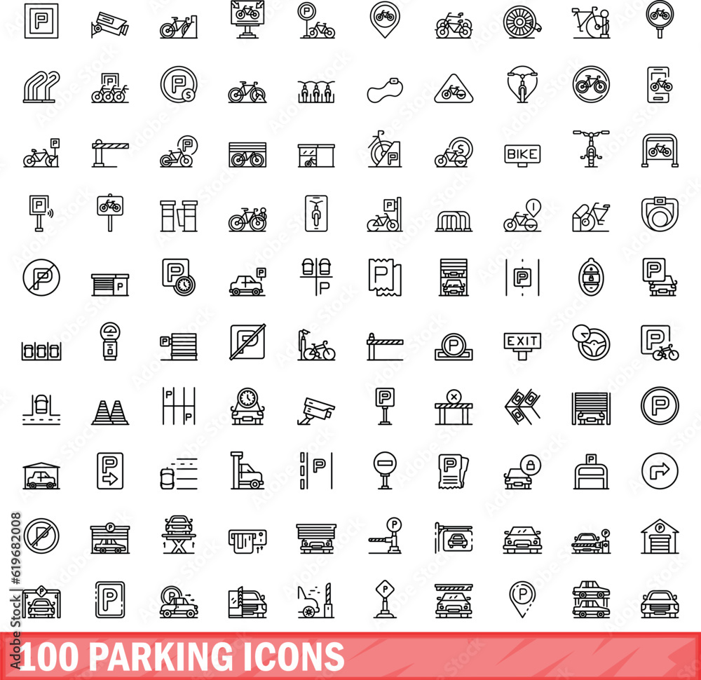 100 parking icons set. Outline illustration of 100 parking icons vector set isolated on white background 100 parking icons set. Outline illustration of 100 parking icons vector set isolated on white background