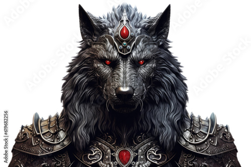The warrior wolf with guardian armor warrior dress costume. Close up Portrait knight wolf with formidable look isolated on clear png background. Generative AI.
