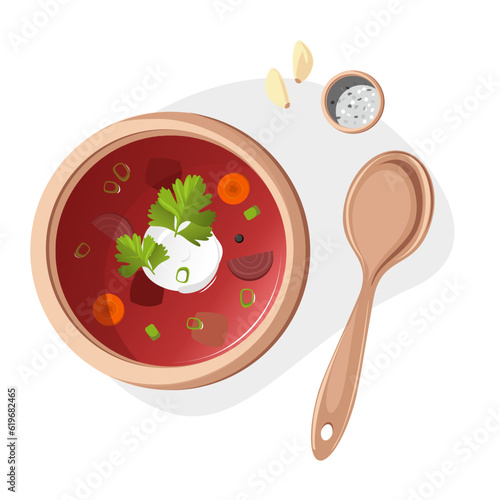 Ukrainian borscht with parsley, onion and garlic
