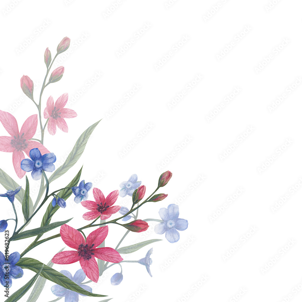 Fototapeta premium Watercolor template with floral illustration. Spring flowers, forget me not with leaves isolated on white background. Handmade frame with space for text for wedding, invitations, postcards