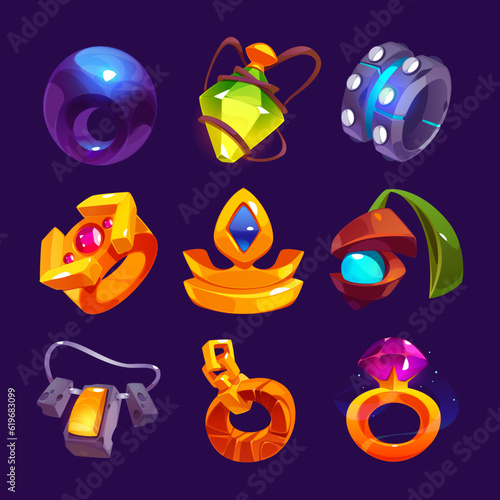 Fantasy medieval gold ring, pendant ui game icon vector. Magic royal inventory asset element with beautiful gemstone. Cartoon amulet treasure accessories set, fairytale props achievements
