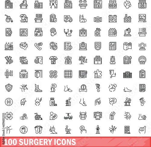 100 surgery icons set. Outline illustration of 100 surgery icons vector set isolated on white background