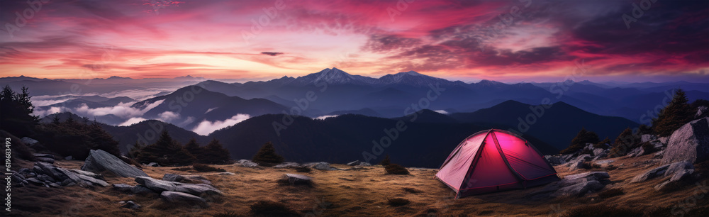 Generative AI. a tent in the mountains at sunset ,landscapes panorama