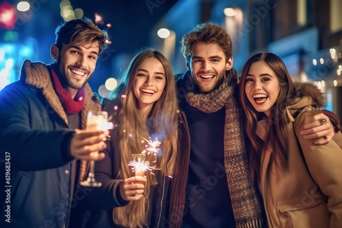 friends celebrating new year party together, outside