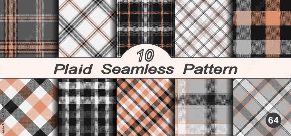 Black, white and orange set vector seamless check plaids pattern.