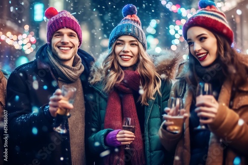 friends celebrating new year party together, outside