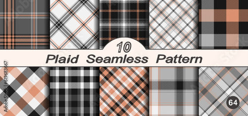 Obraz na plátne Black, white and orange set vector seamless check plaids pattern.